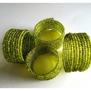 Vintage French Handmade Micro Beaded Napkin Rings set of 4  Lime Green Coiled